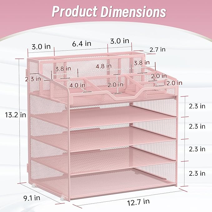 5 Tier Mesh Desk Organizer,Multi Functional Letter Paper Tray with 3 Pen Holders and 5 Adjustable Storage Compartments for Office Supplies Files and Mail Space Saving Desktop Organizer-Pink