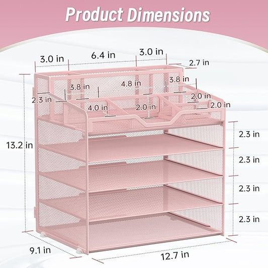 5 Tier Mesh Desk Organizer,Multi Functional Letter Paper Tray with 3 Pen Holders and 5 Adjustable Storage Compartments for Office Supplies Files and Mail Space Saving Desktop Organizer-Pink