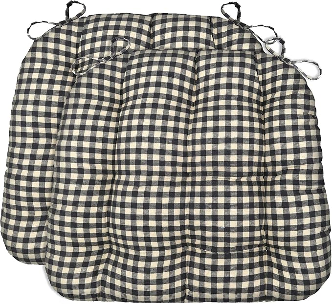 Barnett Home Decor Dining Chair Cushions with Ties, 16.5 x 18, Pack of 2 – Farmhouse Check Black – 100% Cotton, Latex Foam Fill, Made in USA