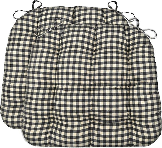 Barnett Home Decor Dining Chair Cushions with Ties, 16.5 x 18, Pack of 2 – Farmhouse Check Black – 100% Cotton, Latex Foam Fill, Made in USA