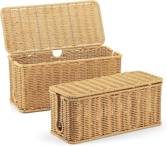 2Pack Large Cable Management Box, Handwoven Imitation Rattan Cord Organizer wire Hider Box, Desk Cord Management to Hide Cords and Power Strips