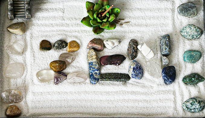 Desktop Meditation Yoga Garden Kit with Japanese Tabletop Rock Sand Chakra Shrine Altar, Home Office Desk Zen Decor, Gifts for Women & Men, Birthday, Includes Rake Tool & Accessories