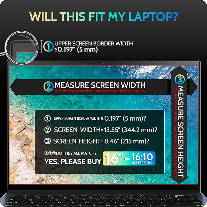 Magnetic Laptop Privacy Screen 16 inch for 16:10 Computer Monitor, 16" Removable Anti Glare Protector Blue Light Filter Shield Compatible with Lenovo Hp Dell Acer Asus Thinkpad Envy Xps