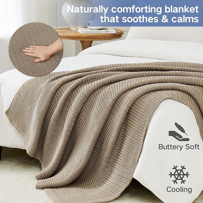 Guohaoi Knitted Weighted Blanket for Adults (Beige 50"x75" 20lbs) No Beads Cooling Throw Blanket for Hot Sleepers, Home Decor Breathable Chunky Knit Heavy Blanket Use on Full Size Bed