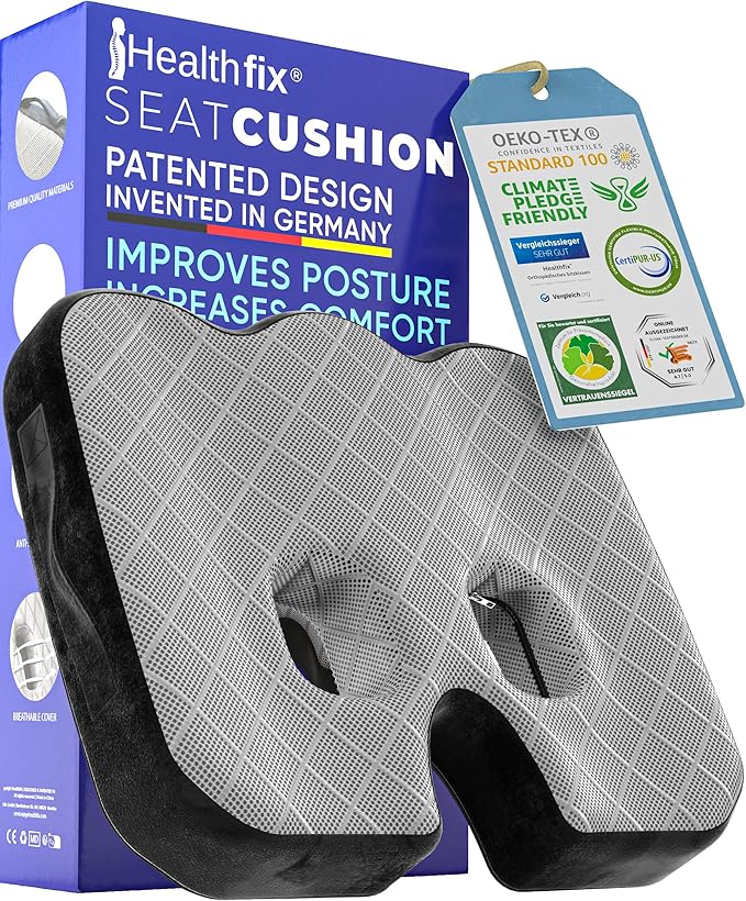 Healthfix® Memory Foam Seat Cushion for Office Chair & Car – Orthopedic Coccyx Pillow for Tailbone & Sciatica Pain Relief – Premium Comfort Chair Pad with Washable Cover and Non-Slip Bottom (Soft)