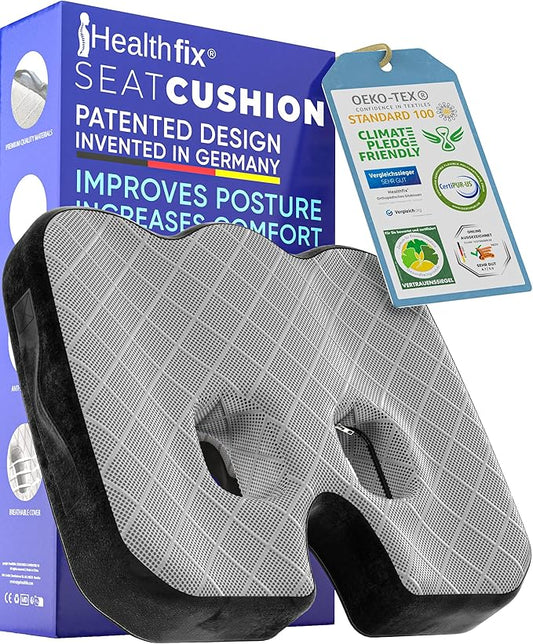Healthfix® Memory Foam Seat Cushion for Office Chair & Car – Orthopedic Coccyx Pillow for Tailbone & Sciatica Pain Relief – Premium Comfort Chair Pad with Washable Cover and Non-Slip Bottom (Soft)