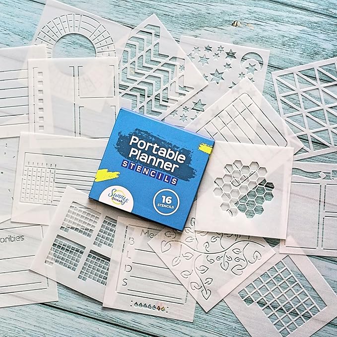 Portable Planner Stencils - x16 Small Square Journal Stencils with Templates for Habit Trackers, Calendars, Checklists, Meal Plans - Journaling Supplies Kit & Planner Accessories for Bullet Journals