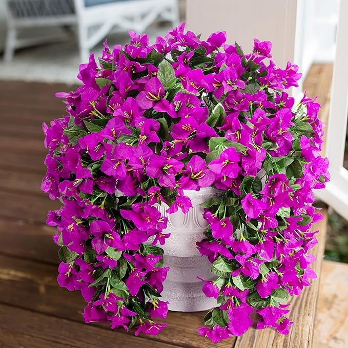 Faux Bougainvillea Artificial Flowers Plants for Outdoors Outside Decoration, 2 pcs Purple Fake Flowers UV Resistant Look Real Silk Long Trailing Vines for Front Door Porch Planter Urn Patio Garden