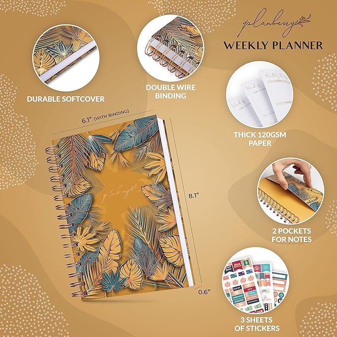 PLANBERRY Weekly Planner – Undated Life Organizer & Budget Planner – Time Management, Goal Setting, To-Do List, Work-Life Balance & Habit Tracker – 6.1″ x 8.1″ (Golden Jungle)