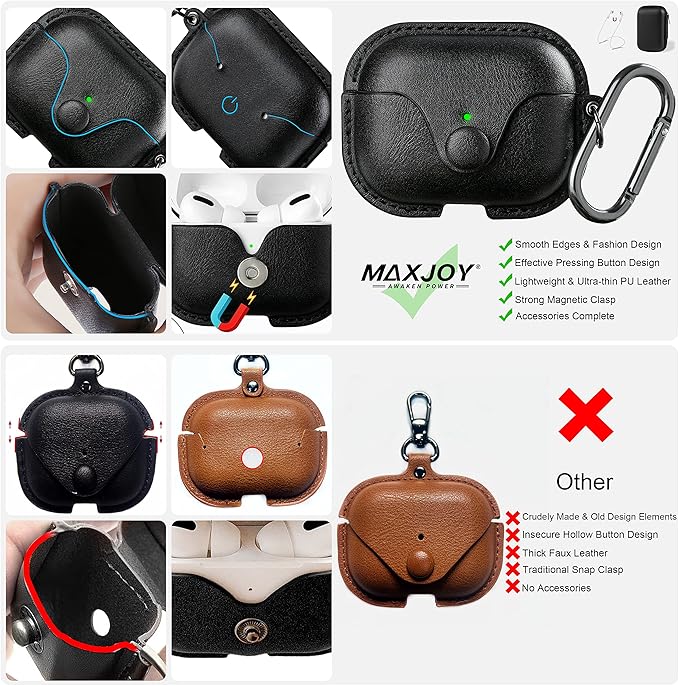 Maxjoy for AirPods Pro 2 Case Leather, Airpods Pro Leather Case Cover with Keychain Airpod Strap Compatible with Apple Airpod Pros 2nd Generation 2023 2022/AirPods Pros 2019 (Front LED Visible), Black