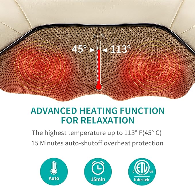 Nekteck Neck Massager for Pain Relief Deep Tissue, Shiatsu Back Massager with Heating 3D Kneading Massage Pillow for Shoulder Leg Full Body Muscle, Use for Office Home Car, Plug-in Use Only