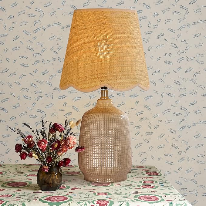 Pia Ricco 19" Modern Ceramic Table Lamp for Living Room Gray Camel Base Desk Lamps for Bedroom Farmhouse Bedside Nightstand Lamp End Table Lamps,Pink,Rattan Shade