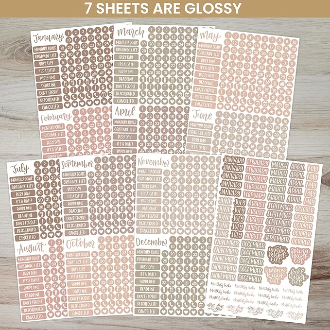 bloom daily planners Muted Neutrals Calendar Essentials Planner Stickers - 8 Sheets, 1629 Stickers Per Pack! - Color Coordinating Monthly Headings, Dates, Icons, Etc. - Aesthetic Boho