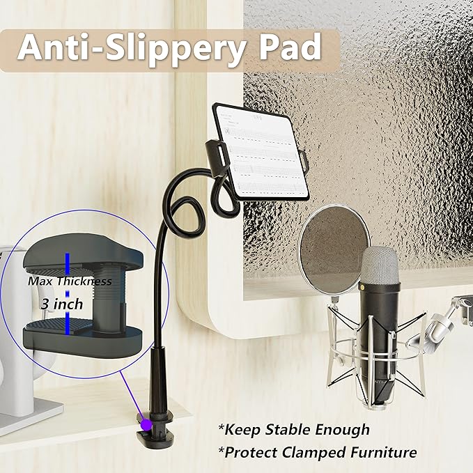 Tablet Stand Holder, Mount Holder Clip with Grip Flexible Long Arm Gooseneck Compatible with ipad iPhone/Nintendo Switch/Samsung Galaxy Tabs/Amazon Kindle Fire HD - Black