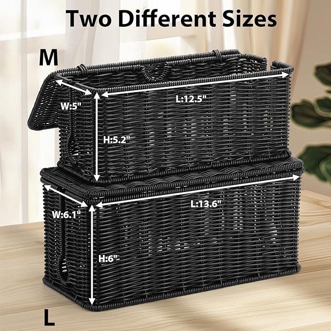 Handmade Cable Management Box, Imitation Rattan Cord Organizer Cord Hider Box, Desk Cord Management Box to Hide Cords and Power Strip L12.5 W5 H5.2 CB2412 Black