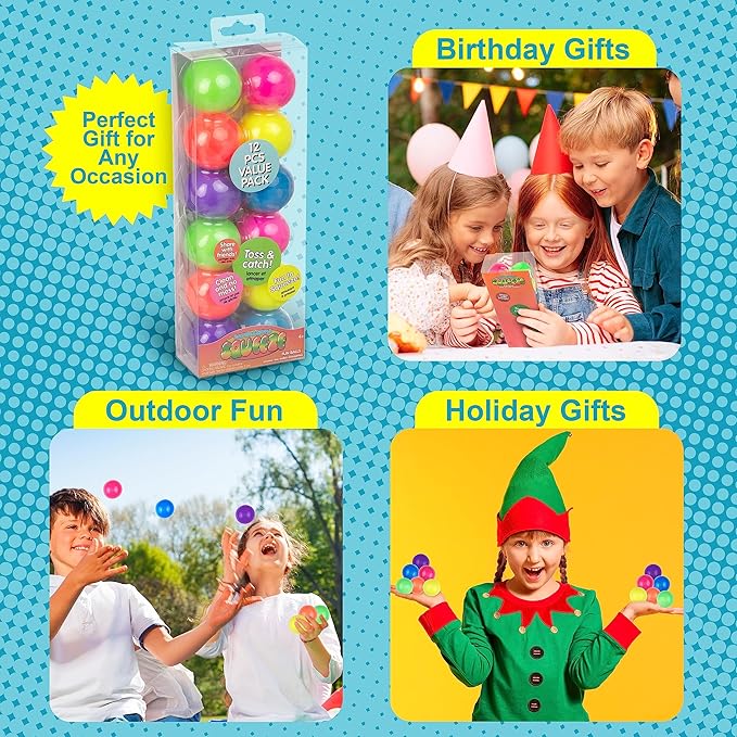 12pc Value Pack - Squeeze Balls in Assorted Neon Colors - Fidget Toy Stress Balls for Adults and Kids - Anxiety Relief Items to Squish, Squeeze, Throw and Stick Fidgets for Kids