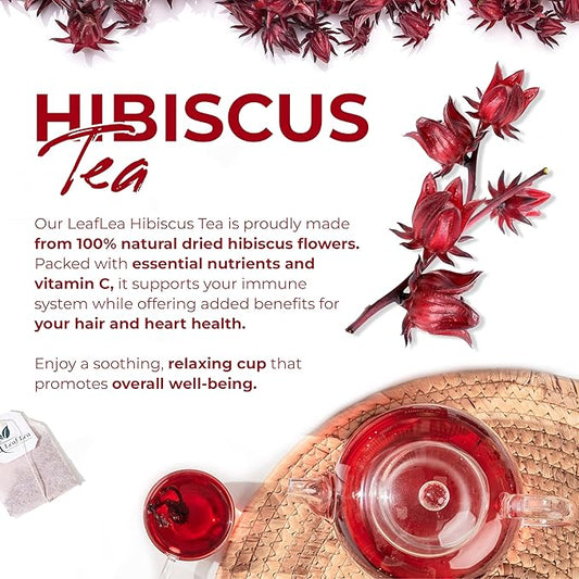 LeafLea 40 Premium Natural Hibiscus Tea Bags, 100% Pure from Hibiscus Flowers, Caffeine-Free Herbal Tea, Hibiscus Flower Tea Rich in Natural Goodness and Flavor, No Sugar, Gluten-Free, Vegan