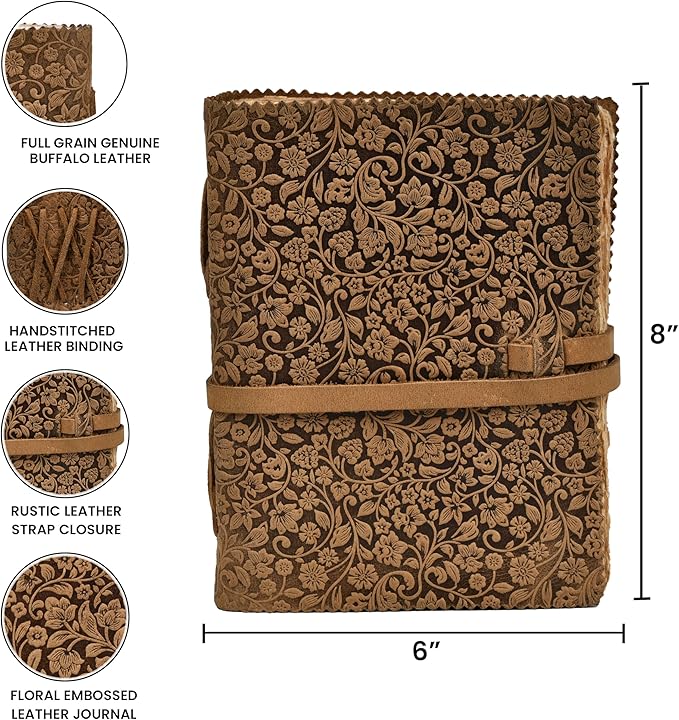 LEATHER VILLAGE Leather Bound Floral Embossed Journal for Women & Men - 200 Pages, 8”X6”(A5), Cappuccino - Book of Shadows, Vintage Blank Paper Travel Diary, Notebook for Writing, Drawing, Sketchbook