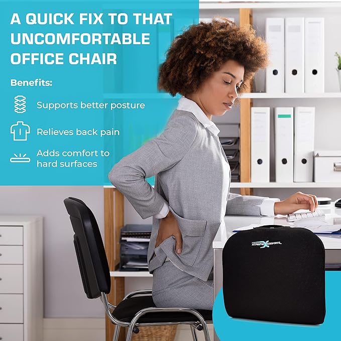 Xtreme Comforts Seat Cushions | Office Chair Cushions for Desk, Car, Wheelchair| Ergonomic Memory Foam Seat Cushion for Support & Comfort | Helps Improve Sitting Posture for Work & Body Relief