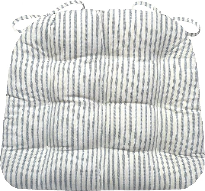 Barnett Home Decor Ticking Stripe Berlin Blue Dining Chair Pad with Ties - Size Medium Size 18 Chair Pad/Jumbo - Latex Foam Fill - Machine Washable, 100% Cotton, Made in USA (Light Blue)
