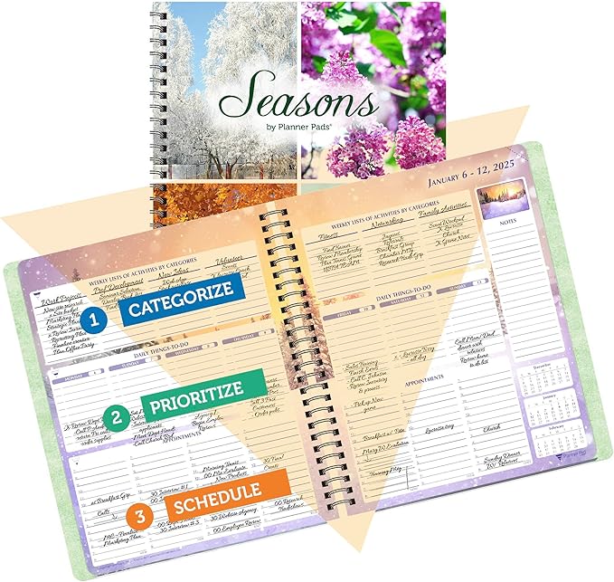 Planner Pad Spiral Bound January-December 2025/ Calendar Year 6 3/4" x 8 1/2" Medium 3-Tier Funnel Down 12 Month Organizer, Seasonal Color Ink