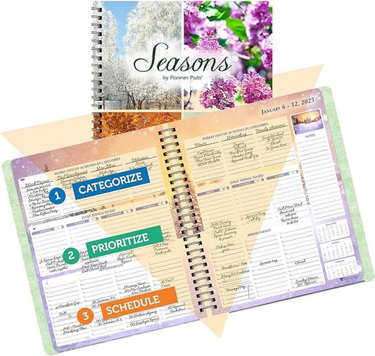 Planner Pad Spiral Bound January-December 2025/ Calendar Year 6 3/4" x 8 1/2" Medium 3-Tier Funnel Down 12 Month Organizer, Seasonal Color Ink