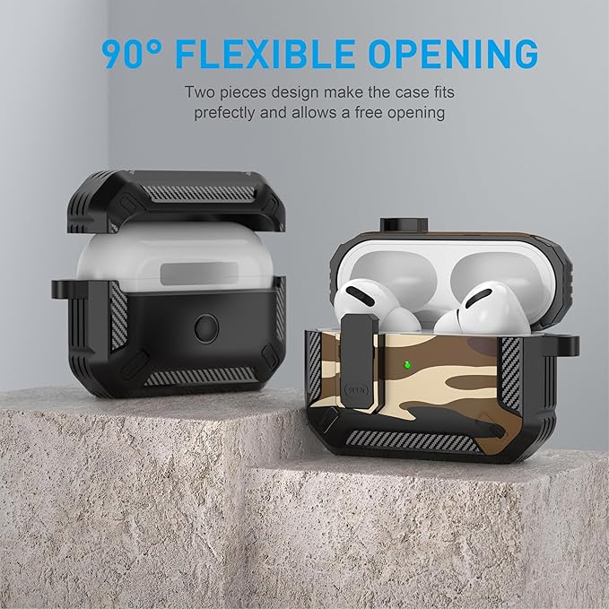 Maxjoy for AirPods Pro Case Cover with Lock, AirPods Pro 1st Generation Case for Men Military Rugged Protective Cover with Keychain Compatible with Apple AirPod Pros 2019 Front LED Visible, Brown Camo
