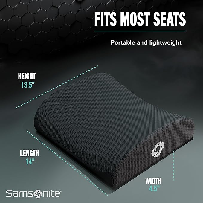 Samsonite Ergonomic Lumbar Support Pillow for Office Chair, Gaming Chair, or Car, Memory Foam Cushion with Ventilated Mesh and Adjustable Strap