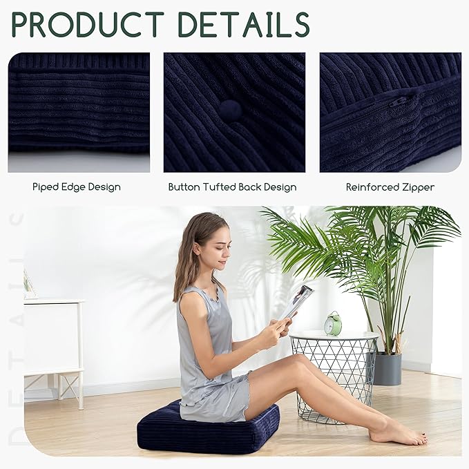 Tufted Corduroy Recliner Seat Cushion for Elderly, High Density Foam Large Square Seat Cushion for Recliner Chair, Floor Pillow, Office Chair, Car, No Pressure on Thighs, 20x20x4