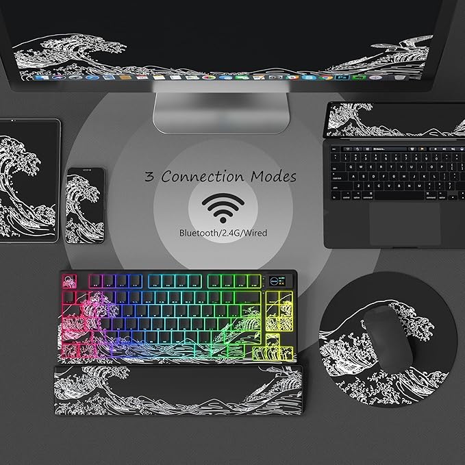 Womier 75% Wireless Mechanical Keyboard with Color Multimedia Screen Gaming Keyboard, Theme 3-Modes Hot Swappable Key Board w/Wrist Rest,SK80 PRO Gasket RGB Custom for Mac/Win,Black Kanagawa