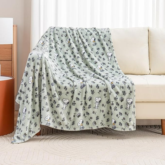 Berkshire Blanket Peanuts® VelvetLoft® Cute Character Snoopy Plush Throw Blanket,Peanuts Snoopy & Woodstock New Flower and Bees Sage,Throw 55 in x 70 in (Official Peanuts® Product)
