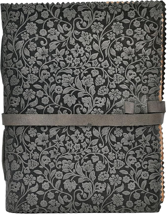 LEATHER VILLAGE Leather Bound Floral Embossed Journal for Women Men - 200 Pages, 10X7 Inches, Black - Book of Shadows, Vintage Blank Paper Travel Diary, Notebook for Writing, Drawing, Sketchbook