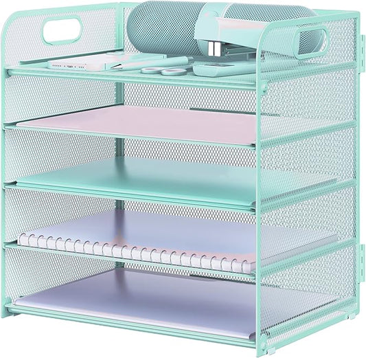 Letter Tray Paper Organizer 5-Tier Desk Organizer File Organizer Paper Holder with Handle, Metal Desktop Document Shelf Tray Office Classroom Organization - Blue