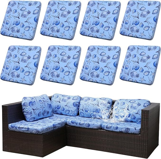 8Pcs Stretch Patio Cushion Covers Waterproof Outdoor Cushion Covers Patio Couch Cover Slipcovers, for Outdoor Furniture Protector Covers Replacement(Cover Only) (Ocean)