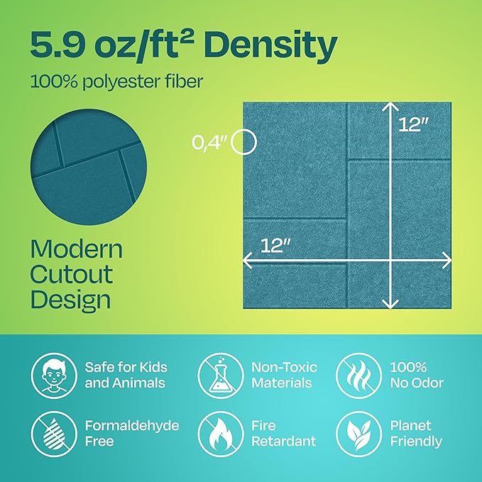 Acoustic Panels 12-Pack Soundproof Wall Panels 12"x12"x0.4" Decorative Sound Dampening for your Home, Office, Studio, Bedroom & More with Unique GridFrame Carving [Light Turquoise]