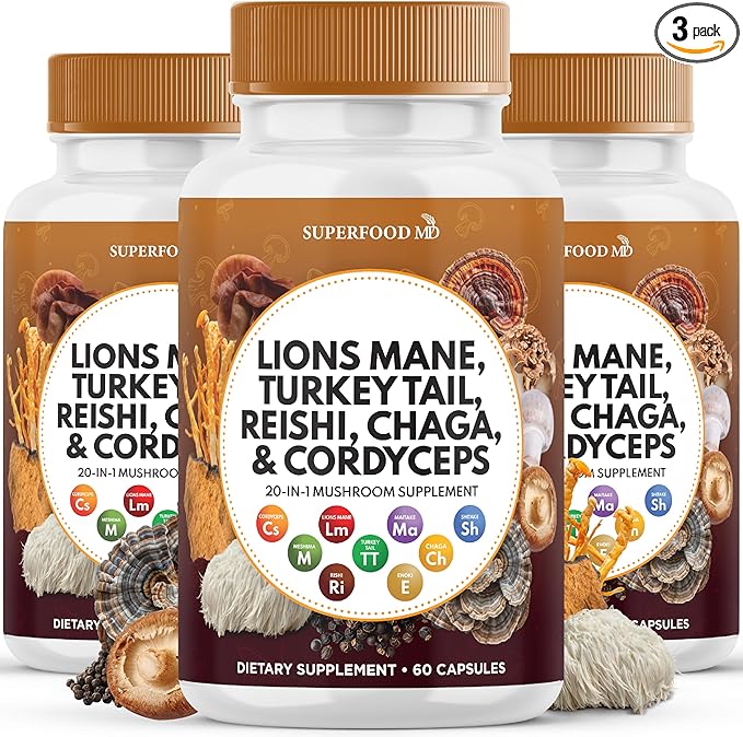 Lions Mane Mushroom Supplement with Turkey Tail Reishi Cordyceps Chaga with Marshmallow Root - 180 Count
