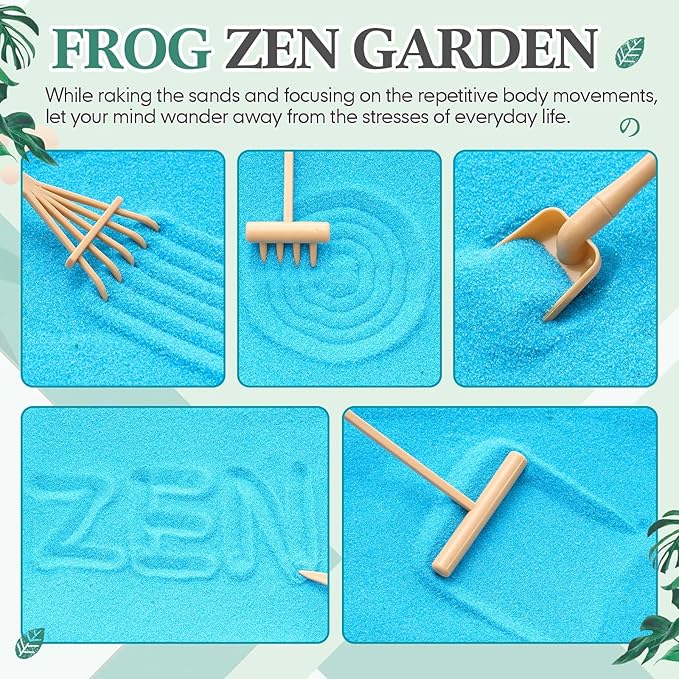 Soulchen Zen Garden Kit for Desk Decor Zen Sand Garden Box Set with Black Wooden Tray, Blue Sand, Tools & Accessories Japanese Gifts for Desktop Meditation Room Office Home(Frog)