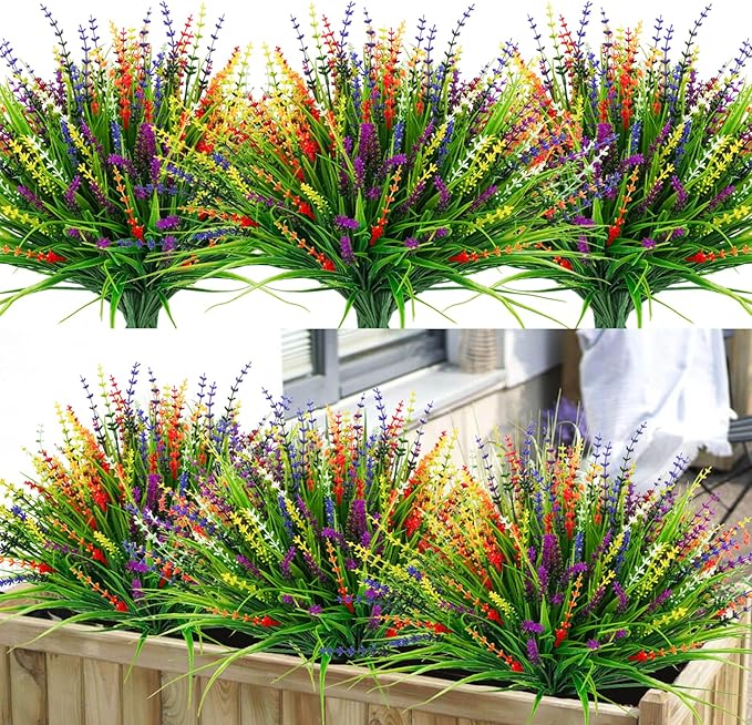 36 Pcs Artificial Plants Outdoor, UV Resistant Fake Outdoor Flowers Faux Plastic Monkey Greenery Grass for Front Porch Window Box Outside Garden Home Office Planters Desk Decor (Mixed Color)