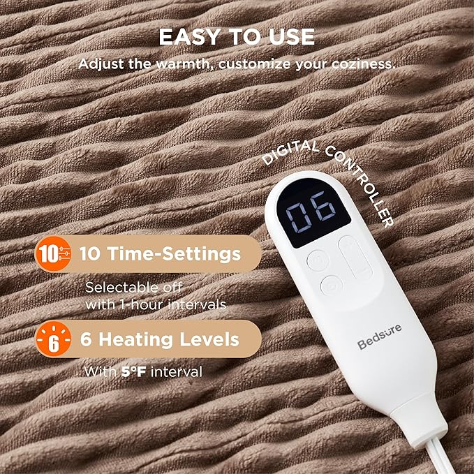 Bedsure GentleSoft Electric Blanket Full Size - Soft Ribbed Flannel Heated Blanket with 6 Heat Settings, Heating with 10 Time Settings, 8 hrs Timer Auto Shut Off, Gifts for Grandma (72"x84", Brown)