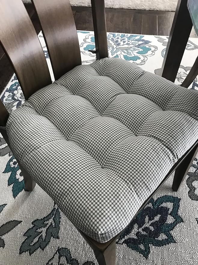 Barnett Home Decor Dining Chair Cushions with Ties, 16.5 x 18, Pack of 4 – Madrid Grey Gingham Check – 100% Cotton, Latex Foam Fill, Made in USA