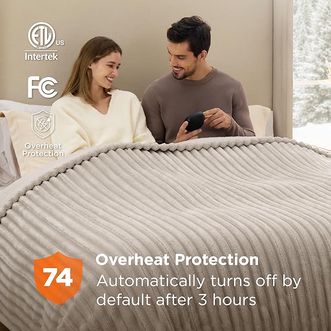 Bedsure Electric Blanket King Size - Thick Striped Flannel Electric Blanket with Dual Control, Heating with 10 Heat Settings & 10 Time Settings, 8 hrs Timer Auto Shut Off (90x100 inches, Linen)