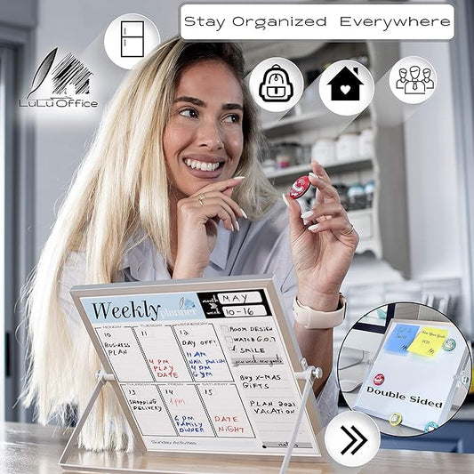 Small Desktop Weekly Planner White Board - Calendar 10"x10" Dry Erase Magnetic to Do List Board with Stand, 3 Markers, 4 Magnets, Eraser - Portable Tabletop Whiteboard for Home School & Office