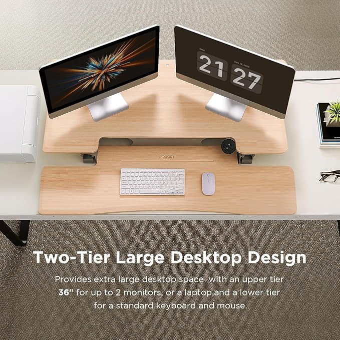 36" Electric Standing Desk Converter, Dyropcurv Series Height Adjustable Computer Desk Ergonomic Home Office Desk for Adults, Sit to Stand Desk with Quiet Motor, Light Wood