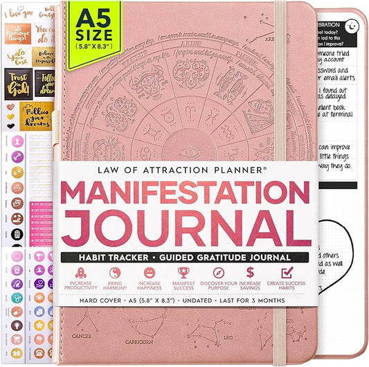 Manifestation Journal - 5 Minute Manifesting & Self Care Journal | 90-Day Undated Daily Planner for Positivity, Affirmations & Gratitude | Guided Mindfulness, Reflection | Vision Board + Stickers