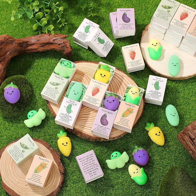 Wettarn 25 Sets Positive Gifts Vegetable Stress Balls with Support Gift Boxes Inspirational Party Favors for Employee Coworker Friends Office Appreciation Relief Toys