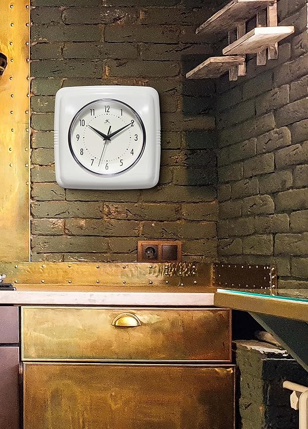 Infinity Instruments Retro – 9-Inch Square Silent Non-Ticking Mid-Century Modern Wall Clock – Vintage Decorative Timepiece for Kitchen, Office, or Diner – White