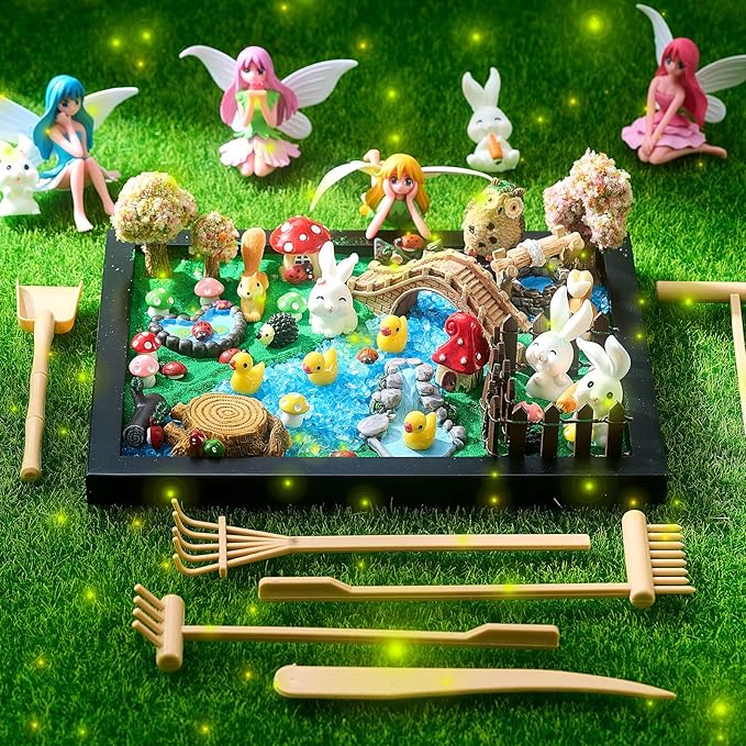 Soulchen Zen Garden Kit for Desk Decor Zen Sand Garden Box Set with Black Wooden Tray, Blue Sand, Tools & Accessories Japanese Gifts for Desktop Meditation Room Office Home (Fairy Style)