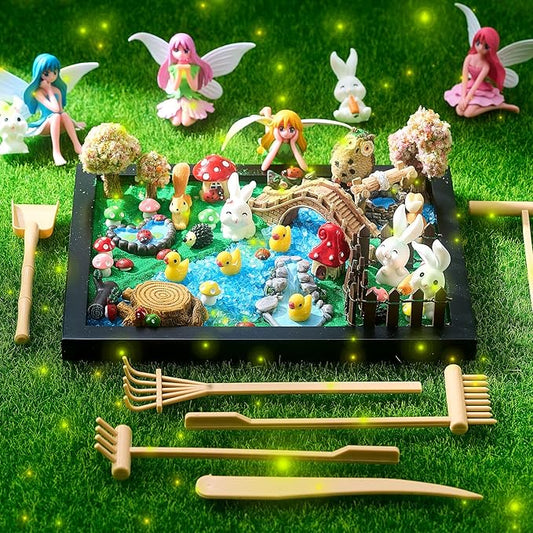 Soulchen Zen Garden Kit for Desk Decor Zen Sand Garden Box Set with Black Wooden Tray, Blue Sand, Tools & Accessories Japanese Gifts for Desktop Meditation Room Office Home (Fairy Style)