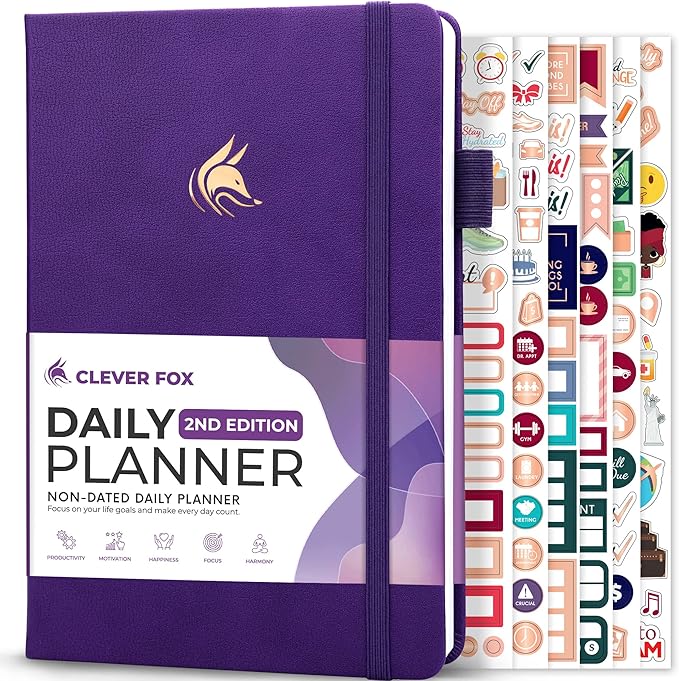 Clever Fox Daily Planner 2nd Edition – Undated Time Block Task Organizer with Hourly Schedule & To-do list – A5, 6 Months (Purple)
