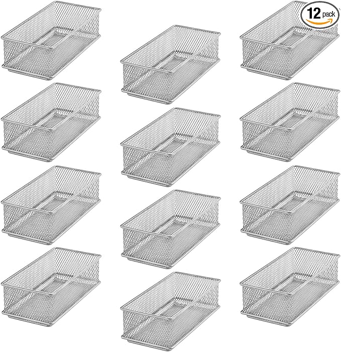 YBM HOME Silver Mesh Drawer Cabinet and or Shelf Organizer Bins, School Supply Holder Office Desktop Organizer Basket (12, 3x6x2 Inch)